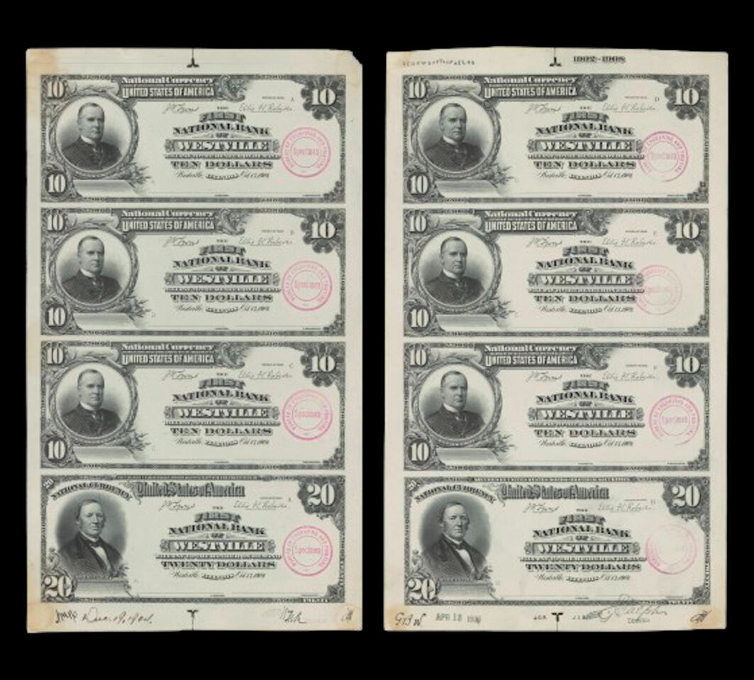 1902 First National Bank of Westville National Bank Note Print Proofs (One of a Kind)