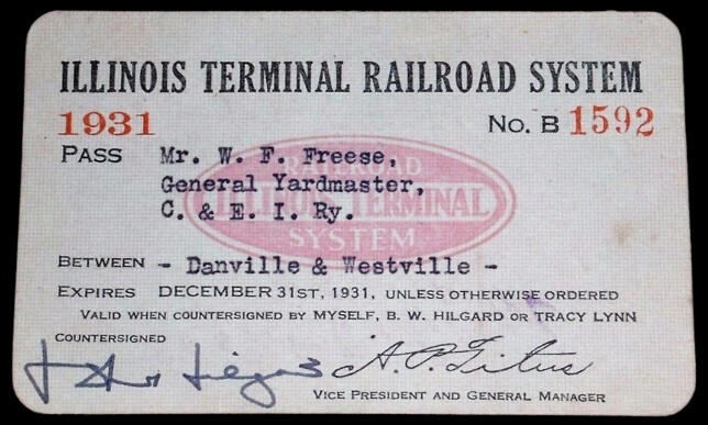 1931 Illinois Terminal Railroad Pass for Westville